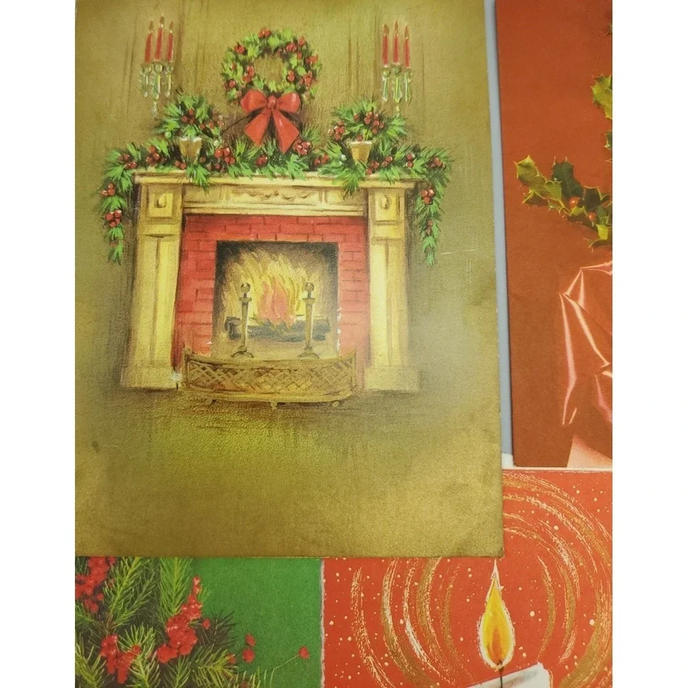 13 Old Vintage Used Greeting Card Fronts Crafts Poinsetta Candle Evergreen Holly